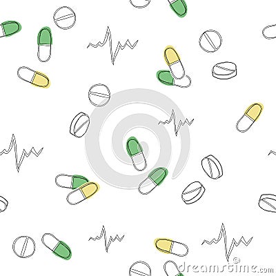 Seamless pattern of medical pills. Background made from dotted pills and capsules. Vector Illustration