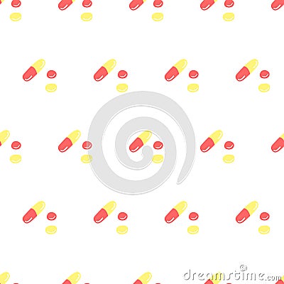 Seamless pattern with medicines, capsules, medicaments, drugs, pills and tablets. Medical pharmacy backgrounds and textures. Cartoon Illustration