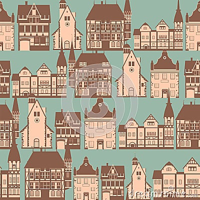 Seamless pattern medieaval old city, flat style. Autumn landscape city architecture Vector Illustration