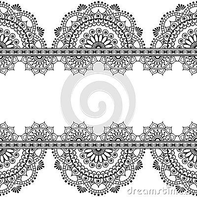 Seamless pattern mehndi Indian borders with mirrored flowers and geometric elements for tattoo. Vector Illustration