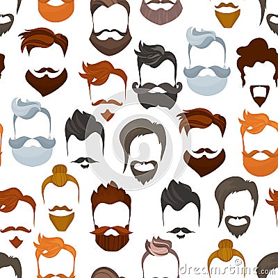 Seamless pattern of men cartoon hairstyles with beards and mustache.Fashionable stylish types lumbersexual or hipsters Vector Illustration