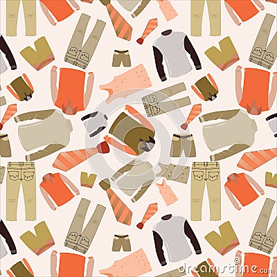 Seamless pattern of men cloths fashion, colorful short pant ,vest, under shirt, jeans pant, sweatshirt, shirt, tie on seashell Vector Illustration