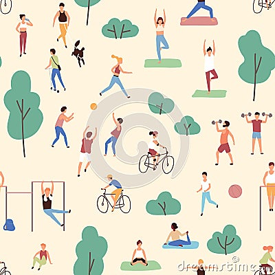 Seamless pattern with men and women performing physical or sports activities in park. Backdrop with outdoor fitness Vector Illustration