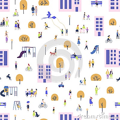 Seamless pattern with men and women walking with children or dogs, riding bicycles, sitting on bench in city suburbs Vector Illustration