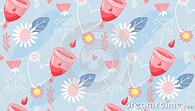 Seamless pattern. Menstrual cup, hearts and flowers. Vector Illustration