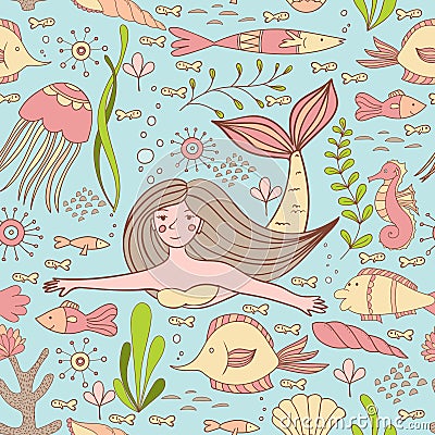 Seamless pattern with mermaid, fishes, coral, shell, seahorse and seaweeds. Vector Illustration