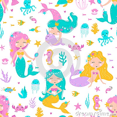 Seamless pattern with mermaid, leaves, seashells, seahorse and fish. Cute vector illustration Vector Illustration