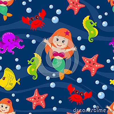 Seamless pattern with mermaid and sea animals Vector Illustration