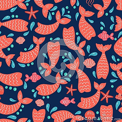 Seamless pattern with mermaid tails, starfishes, jellyfishes, shells. Color nursery background. Vector Illustration