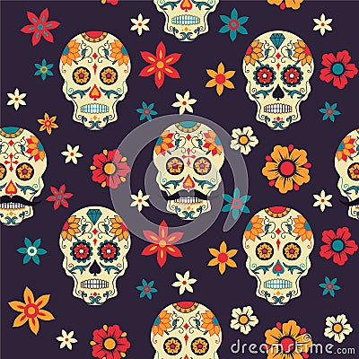 Festive seamless pattern Mexican Day of Dead with sugar skull. flowers. Vector Illustration