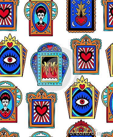 Seamless pattern with Mexican windows, heart and sugat elements. Vector. Vector Illustration
