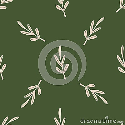 Seamless pattern in minimalistic style with outline leaves twig print. Olive gren background Cartoon Illustration