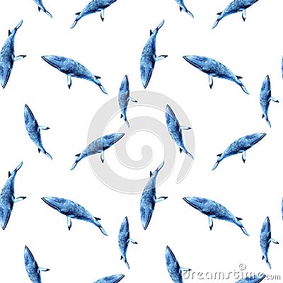 Watercolor hand drawn whale isolated seamless pattern. Cartoon Illustration