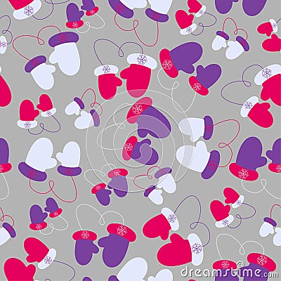 Seamless pattern of mittens on a gray background. Vector Illustration
