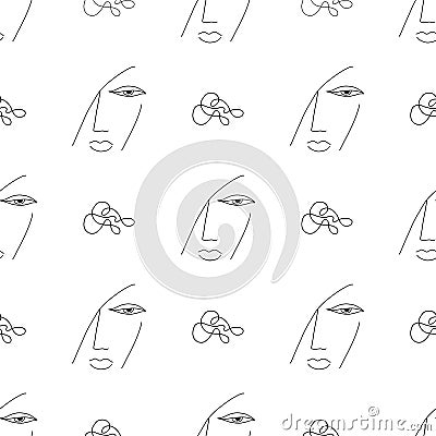 Seamless pattern-modern abstract faces-vector infinite.the woman s face is drawn with lines.white background.fashion Vector Illustration