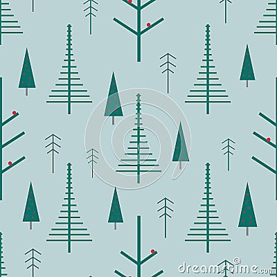 Seamless pattern of modern winter trees with berries on a classy blue background. Vector Illustration