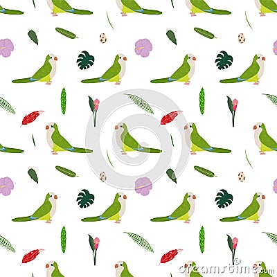 Seamless pattern with monk parakeet Quaker, tropical leaves and flowers Vector Illustration