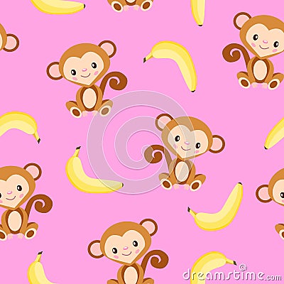 Seamless pattern with monkey and yellow banana Vector Illustration