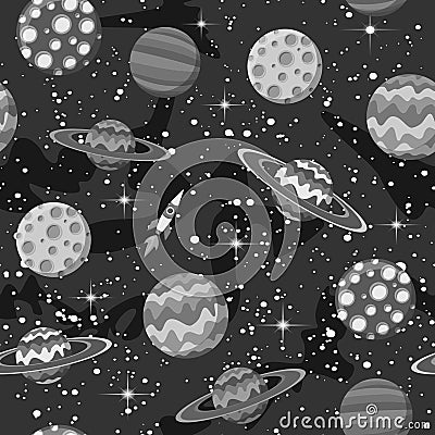 Seamless pattern monochrome planets and other space objects on black background Vector Illustration