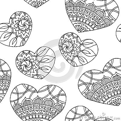 1718 heart, seamless pattern in monochrome, stylized hearts, anti-stress coloring Vector Illustration