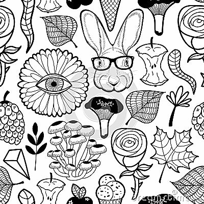 Seamless pattern with monster flower eye and hipster rabbit in glasses. Vector Illustration