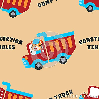 seamless pattern monster trucks with animal driver Creative vector childish background for fabric textile nursery wallpaper Vector Illustration