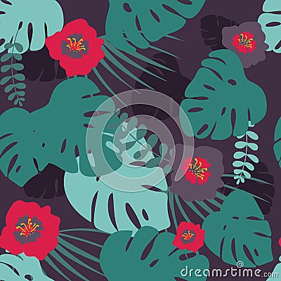 seamless pattern. Monstera leafs, flowers. Tropic green seamless patern on white background. Vector illustration. Vector Illustration