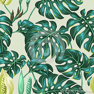 Seamless pattern with monstera leaves. Decorative image of tropical foliage and flower. Background made without clipping Vector Illustration