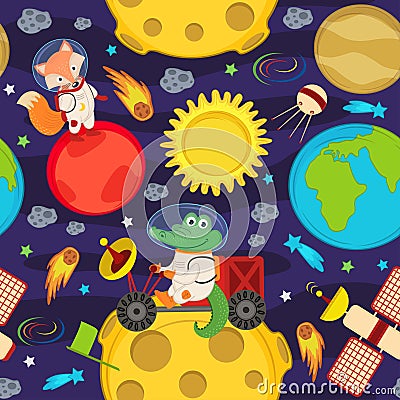 Seamless pattern with moon rover and animals Vector Illustration