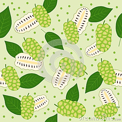 Seamless pattern of morinda citrifolia, noni fruit, superfood, on green background. Organic healthy food. Vector cartoon Vector Illustration