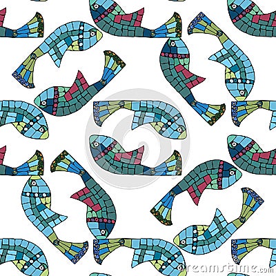 Seamless pattern with mosaic fish. Vector Illustration