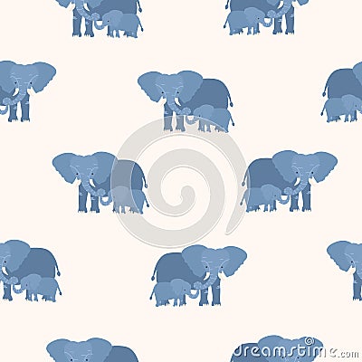 Seamless pattern with mother elephant holding its calf by trunk. Backdrop with family of funny cartoon animals on light Vector Illustration