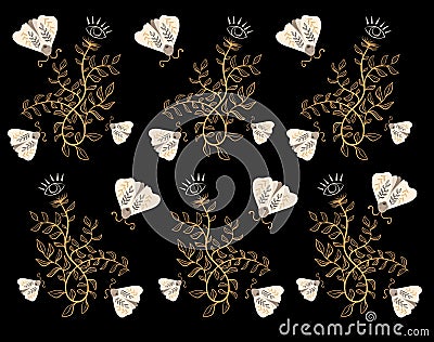 Seamless pattern with moths and mystical plants with eyes Stock Photo
