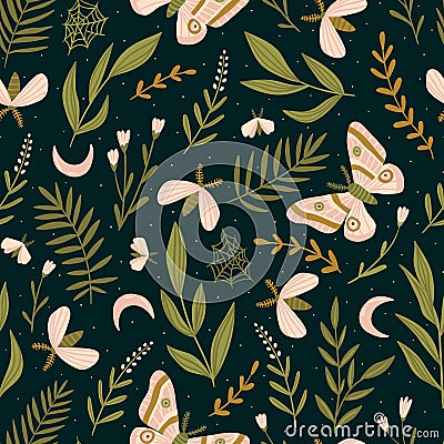 Vector seamless pattern with moths and night butterfly. Beautiful romantic print. Dark botanical design. Vector Illustration