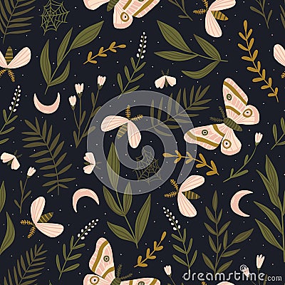 Vector seamless pattern with moths and night butterfly. Beautiful romantic print. Dark botanical design. Vector Illustration