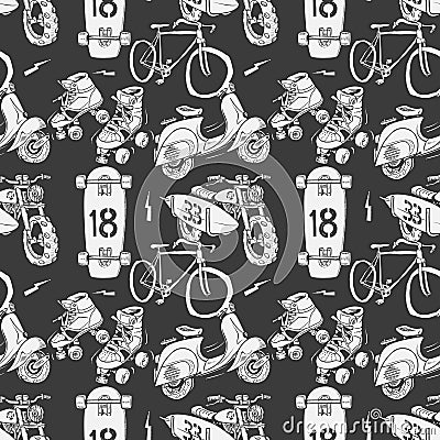 Seamless pattern with motorbike surfboard skate roller moped and bicycle. Vector Illustration