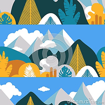 Seamless pattern with mountain hilly landscape with tropical plants and trees, palms. Scandinavian style. Vector Illustration