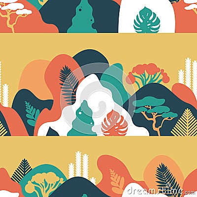 Seamless pattern. Mountain hilly landscape with tropical plants and trees, palms, succulents. Scandinavian style. Vector Illustration