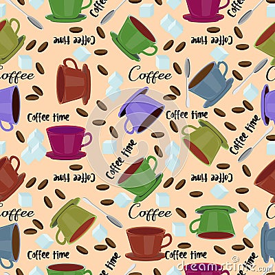 Seamless pattern multicolored coffee cups on a light brown background Stock Photo
