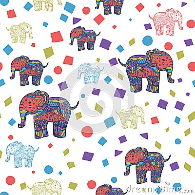 Seamless Pattern of multicolored elephants elephants. Background Children`s pattern. Background of cute elephants. doodle style. Vector Illustration