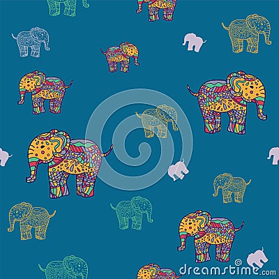 Seamless Pattern of multicolored elephants elephants. Background Children`s pattern. Background of cute elephants. doodle style. Vector Illustration