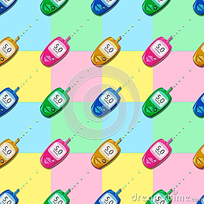 Seamless pattern of multicolored glucose meters with a good glucose indicator Stock Photo