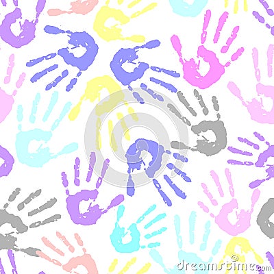 seamless pattern of multicolored handprints on a white background, repeating pattern, texture Vector Illustration
