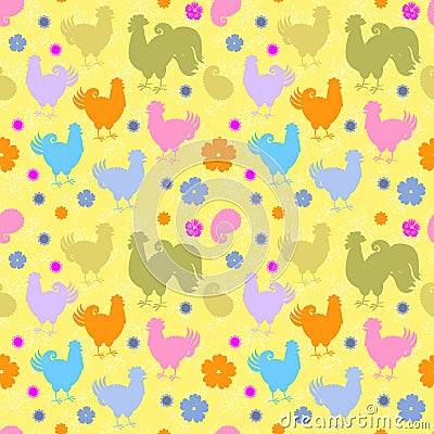 Seamless pattern with multicolored silhouettes of roosters, hens and chickens, with flowers and paisley on a yellow background. Vector Illustration