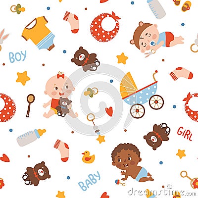 Seamless pattern with multiracial sleeping, sitting, playing babies, toys, and baby accessories. Vector illustration Vector Illustration