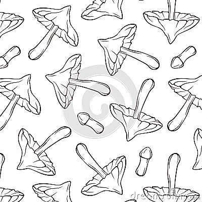 Seamless pattern of mushrooms Deadly webcap in line art style. Decorative backdrop for wallpaper, wrapping, fabric Vector Illustration