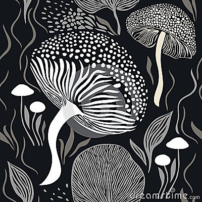 Seamless pattern , mushrooms and plants , leaves and branches, botanical illustration Vector Illustration