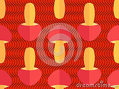 Seamless pattern with mushrooms on a red background with black wavy stripes. Hallucinogenic mushrooms, psychedelic background. Vector Illustration