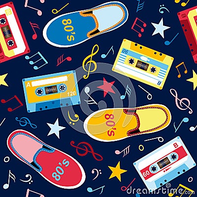 Seamless pattern with music notes, audio cassettes Vector Illustration