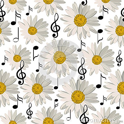 Seamless pattern with music notes and daisies Vector Illustration